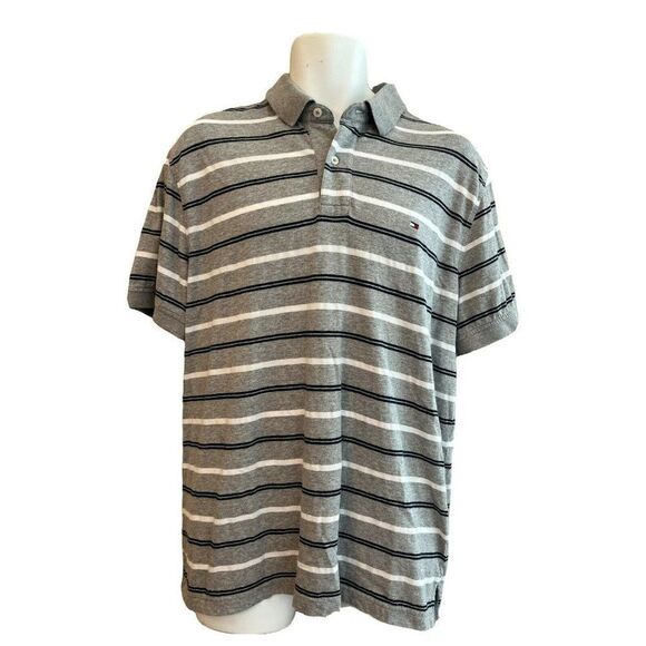 Tommy Hilfiger Men's L Striped Shirt Blue Gray Custom Fit Polo - Picture 1 of 4